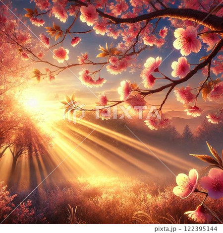 桜の木と夕焼け 桜の木と夕焼け 122395144
