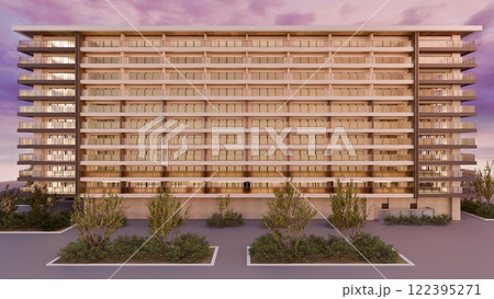 夕焼けに染まるマンション 122395271