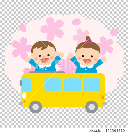 花園裡穿著櫻花背景和煙霧的男女兒童搭乘公車 122395310