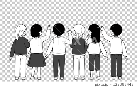 小学生 男女で相談 シンプルな後ろ姿のモノクロイラスト 122395445