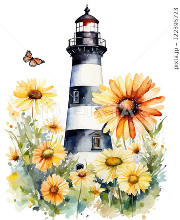 Lighthouse and flowers: chamomile, rose, pansy, water lily. Vector watercolor illustration 122395723