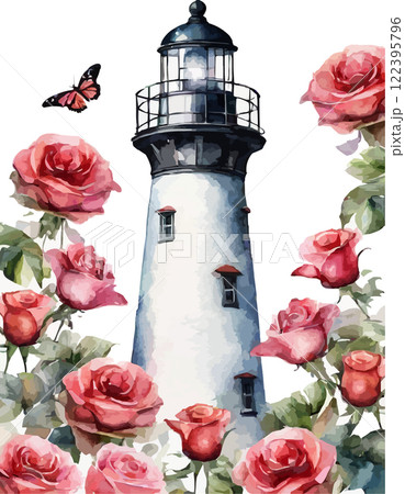 Lighthouse and flowers: chamomile, rose, pansy, water lily. Vector watercolor illustration 122395796