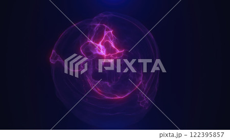 Purple glowing abstract sphere shape resembling energy waves on a dark background 122395857
