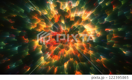 Vibrant digital explosion with glowing red and gold particles radiating from a central point, resembling a cosmic burst 122395865