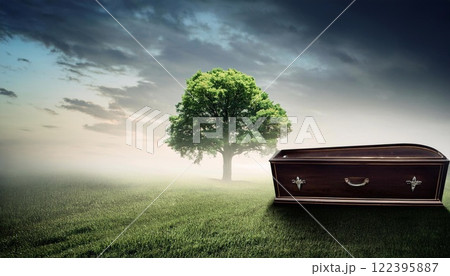 Coffin placed near a tree in a serene graveyard at twilight 122395887