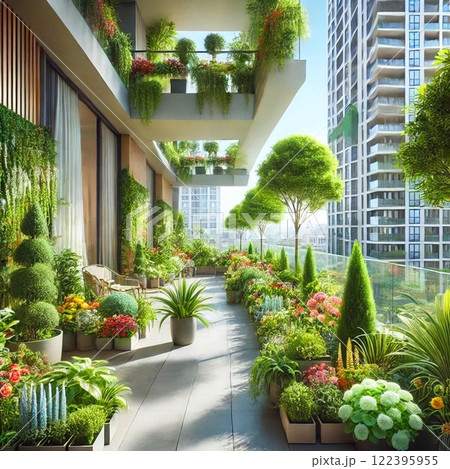 緑の植物に囲まれたテラス 122395955