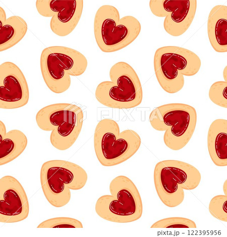 Seamless pattern with heart shaped cookie with strawberry jam in cartoon style. Love symbol of linzer cookie for Valentine Day holiday for bakery design background, wrapping paper. 122395956