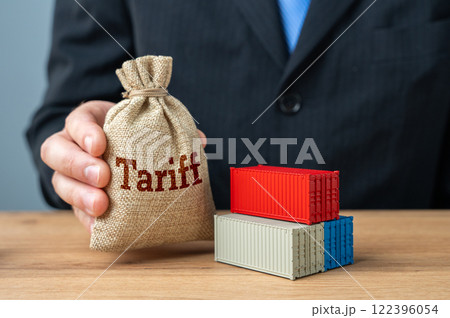 Tariffs and shipping containers. Fees and taxes on the import of imported goods and products. Optimizing supply chains remain vital in balancing trade costs and competitiveness in the global economy. 122396054
