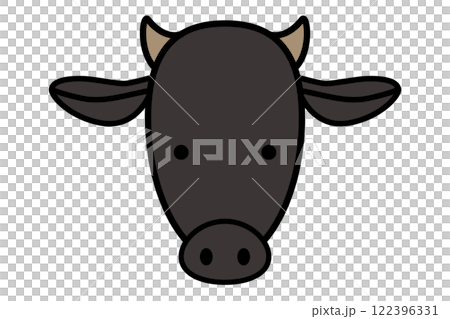 Vector illustration of a black cow. An icon of a Japanese black cow drawn in cartoon style from the front. 122396331