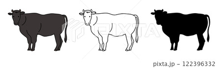 黒い牛の手書きベクターイラストセット。黒毛和種の牛を漫画風に描いたアイコン。 122396332