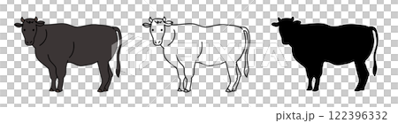 黒い牛の手書きベクターイラストセット。黒毛和種の牛を漫画風に描いたアイコン。 122396332