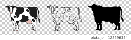 ホルスタインのベクターイラストセット。白黒模様の牛を漫画風に描いたアイコン。 ホルスタインのベクターイラストセット。白黒模様の牛を漫画風に描いたアイコン。 122396334