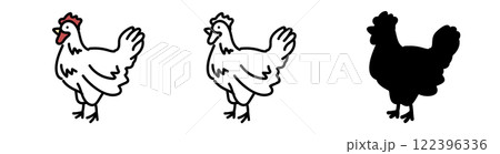 鶏のベクターイラストセット。ニワトリを漫画風に描いたアイコン。可愛いにわとりのイラスト。 122396336