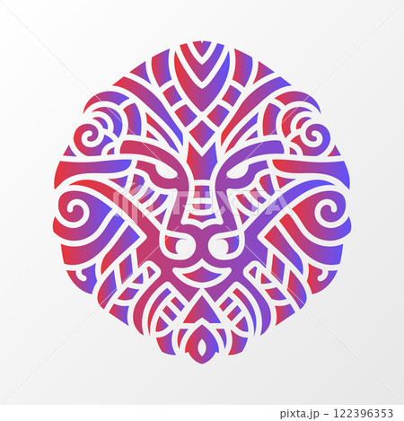 Intricate lion face illustration with abstract tribal patterns, bold swirls, and vibrant red-blue gradient in a circular layout. Ornate Lion Face with Abstract Symmetry Intricate lion face illustration with abstract tribal patterns, bold swirls, and vibrant red-blue gradient in a circular layout. Ornate Lion Face with Abstract Symmetry 122396353