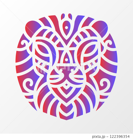 Stylized tiger face illustration enclosed in a circular design, featuring intricate tribal patterns and vibrant red-blue gradient colors. Symmetrical Tiger Face with Tribal Patterns 122396354