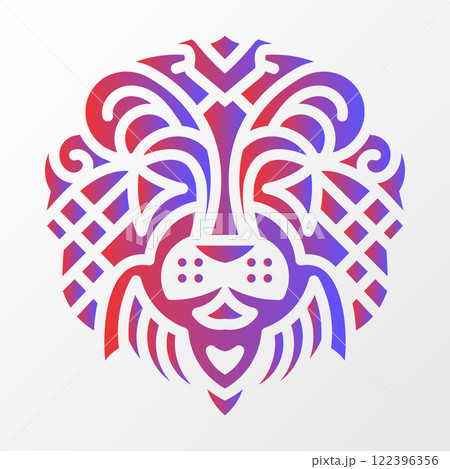Abstract lion face illustration with ornate tribal patterns, bold geometric shapes, and a vibrant red-blue gradient on white. Intricate Lion Face with Tribal Patterns 122396356
