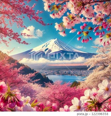満開の桜の向こうに見える富士山 122396358