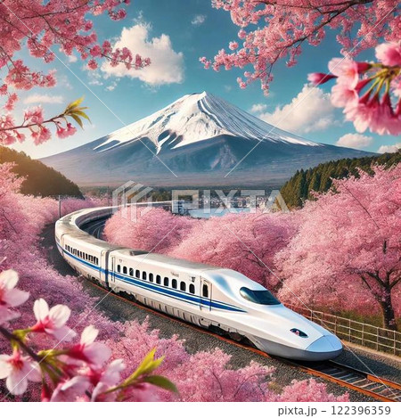 桜咲く、富士山と春の新幹線 122396359