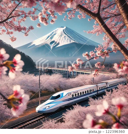 桜咲く、春の富士山から望む、新幹線 122396360