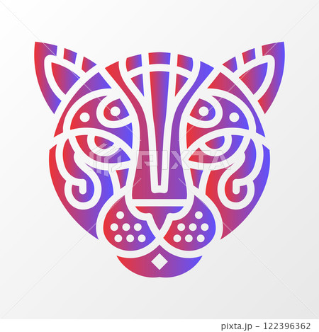 Colorful abstract leopard face illustration featuring intricate tribal patterns and a vibrant red-blue gradient on a white background. Stylized Leopard Face with Tribal Patterns 122396362