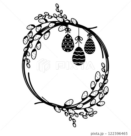 Hand-drawn round decorative frame made of willow, Easter eggs and floral elements 122396465