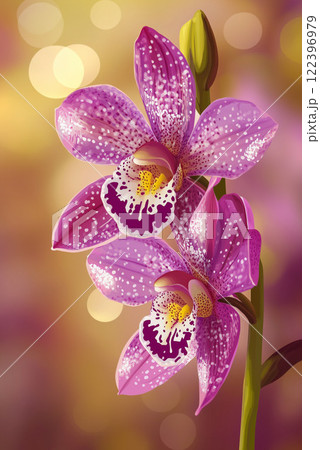 Two speckled purple orchids with yellow and white centers,green stem and bud,blurred bokeh background. exoticism for greeting cards, invitations,floral designs Two speckled purple orchids with yellow and white centers,green stem and bud,blurred bokeh background. exoticism for greeting cards, invitations,floral designs 122396979