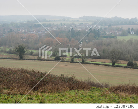 Looking over fields to the tranquil village of Ramsbury, Wiltshire 122397190