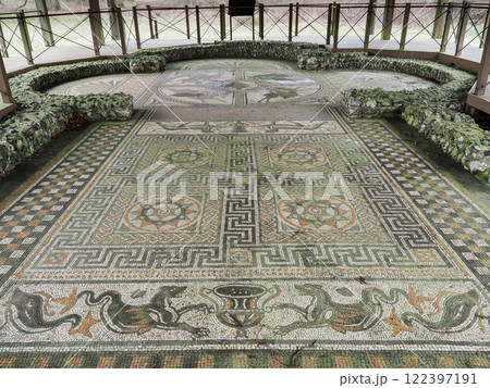 The Orpheus Mosaic tiled floor at Littlecote Roman Villa, Wiltshire The Orpheus Mosaic tiled floor at Littlecote Roman Villa, Wiltshire 122397191