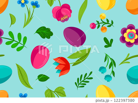 Happy Easter pattern. Cute eggs and flowers for celebration. Happy Easter pattern. Cute eggs and flowers for celebration. 122397380