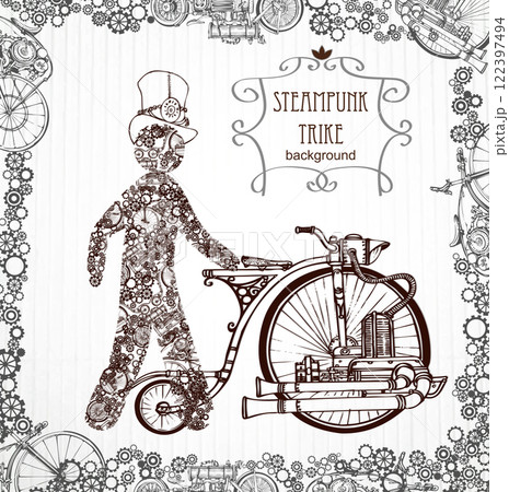 Mechanical Man in Cylinder Hat. Victorian, Steampunk Style. Template Edwardian Frame Holiday Party. Vector Mechanical Man in Cylinder Hat. Victorian, Steampunk Style. Template Edwardian Frame Holiday Party. Vector 122397494
