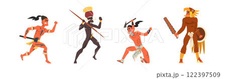 Man Native and Aboriginal Warrior with Weapon Vector Set 122397509