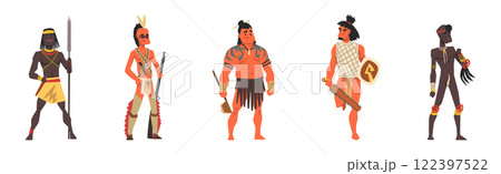 Man Native and Aboriginal Warrior with Weapon Vector Set 122397522