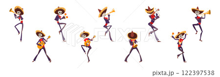 Skeleton Bony Character as Mexican Musician Play Musical Instrument Vector Set 122397538