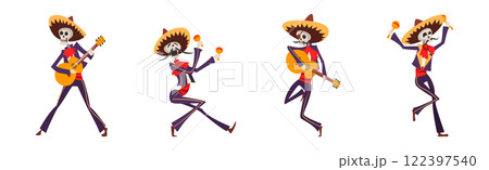 Skeleton Bony Character as Mexican Musician Play Musical Instrument Vector Set 122397540
