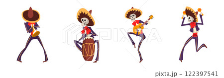 Skeleton Bony Character as Mexican Musician Play Musical Instrument Vector Set 122397541