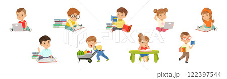 Funny Boy and Girl Study with Book and Learning Vector Set 122397544