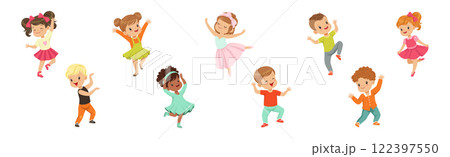 Cute Kids Dancing Moving Body Show Performance Vector Set 122397550