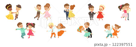 Cute Kid Couple Dancing Moving Body Show Performance Vector Set 122397551