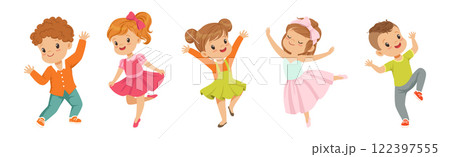 Cute Kids Dancing Moving Body Show Performance Vector Set 122397555