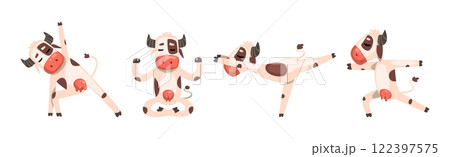 Funny Cow Farm Animal Enjoy Yoga Pose Vector Set 122397575
