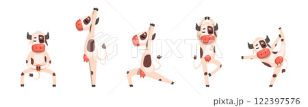 Funny Cow Farm Animal Enjoy Yoga Pose Vector Set Funny Cow Farm Animal Enjoy Yoga Pose Vector Set 122397576
