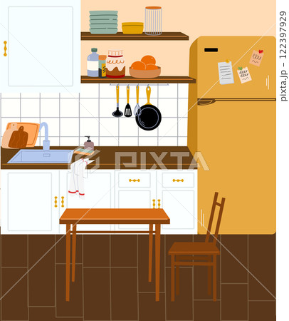 The interior of a modern kitchen with a fridge countertop, sink and dining table. The interior of a modern kitchen with a fridge countertop, sink and dining table. 122397929