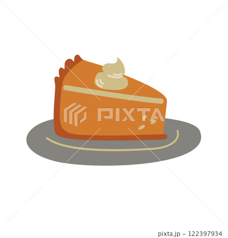 A piece of pumpkin pie is on a plate. 122397934