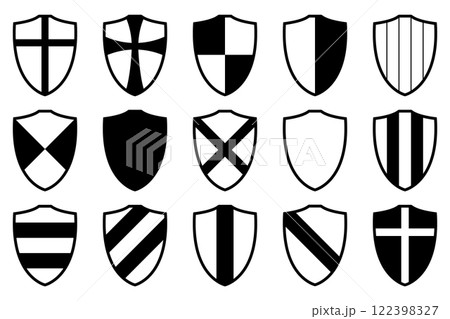 shield, black and white vector silhouette illustration of shields shape, isolated on white, icon set 122398327