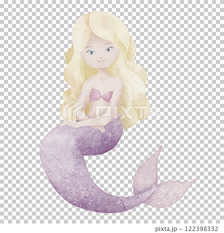 Watercolor illustration of a blonde sitting Mermaid with purple tail for Fairytale childish greeting cards or baby girl invitations. Drawing of fantasy underwater character for nursery wall art. 122398332