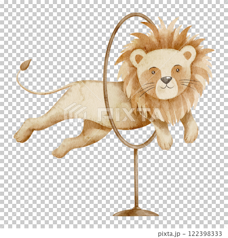 Watercolor illustration of Circus Lion jumping through a ring. Drawing of cute carnival animal for Performance poster or childish party invitations. Art for baby shower greeting cards. Watercolor illustration of Circus Lion jumping through a ring. Drawing of cute carnival animal for Performance poster or childish party invitations. Art for baby shower greeting cards. 122398333