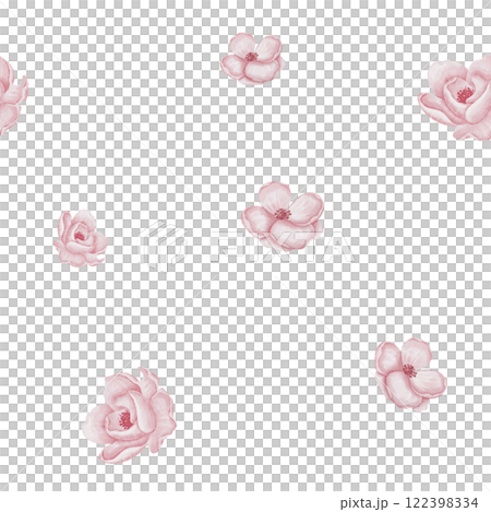 Seamless Floral pattern with pink Flowers and botanical elements. Watercolor illustration for baby wallpaper designs, wrapping paper, or textile. Botanical background for childish backdrop. 122398334