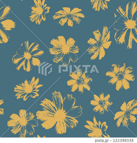 Seamless pattern with yellow daisy flower stamps on blue background 122398338