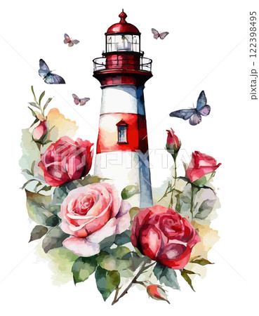 Lighthouse and flowers: chamomile, rose, pansy, water lily. Vector watercolor illustration 122398495