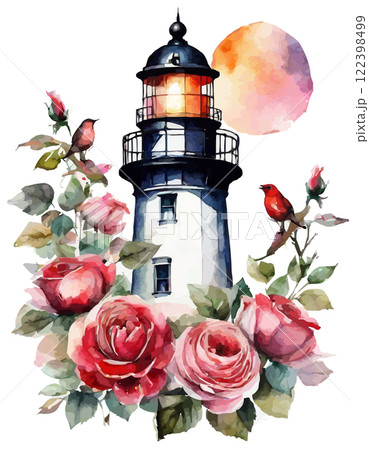 Lighthouse and flowers: chamomile, rose, pansy, water lily. Vector watercolor illustration Lighthouse and flowers: chamomile, rose, pansy, water lily. Vector watercolor illustration 122398499